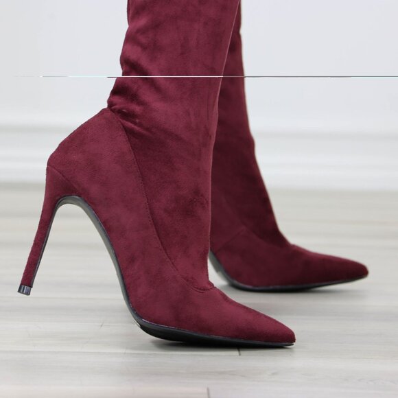 Burgundy Over-the-Knee Boots Pointed Toe Faux Suede Stiletto Heel - Picture 4 of 15